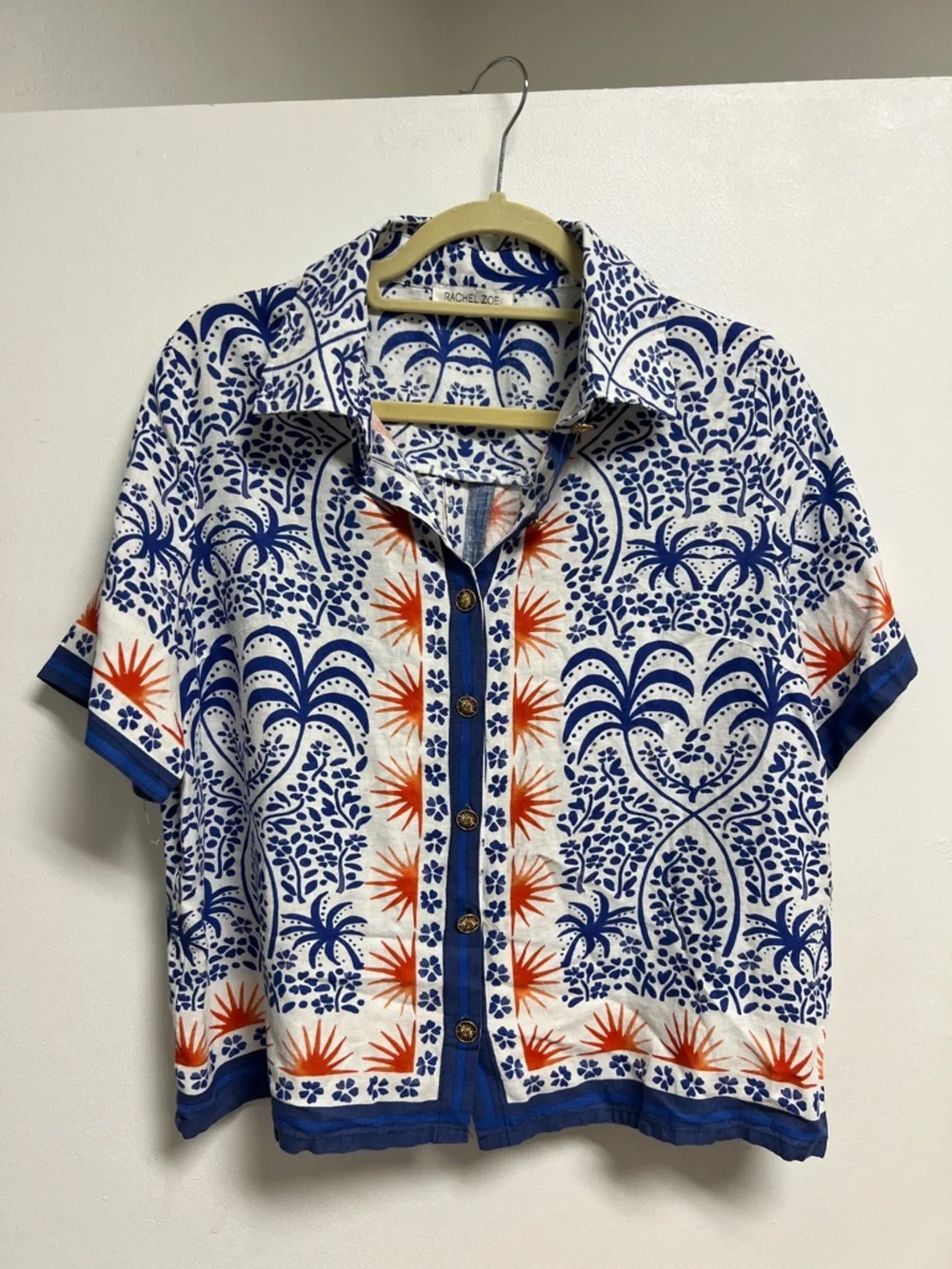 Rachel Zoe White Short Sleeve Linen Button-Up Shirt Blue & Orange Print Large - Picture 1 of 6